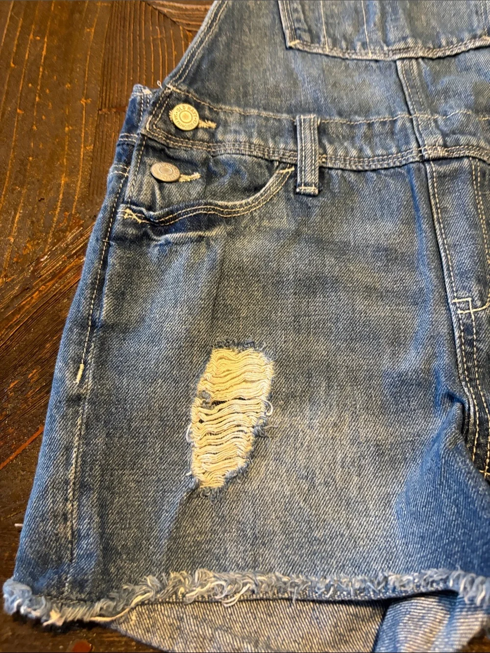 Old Navy Distressed Denim Short Overalls - Light Blue